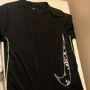 Nike Kids Black Tee with Camouflage Swoosh and Yellow Trim